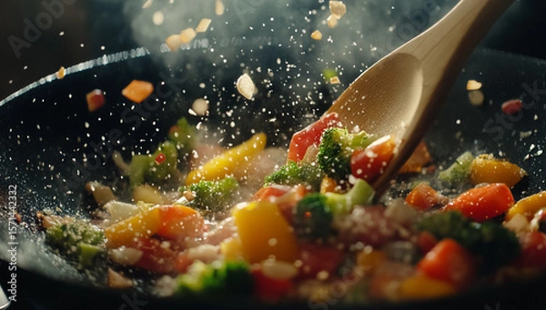 Fototapeta Frying pan full of sizzling salted vegetables, closeup of cooking on stove