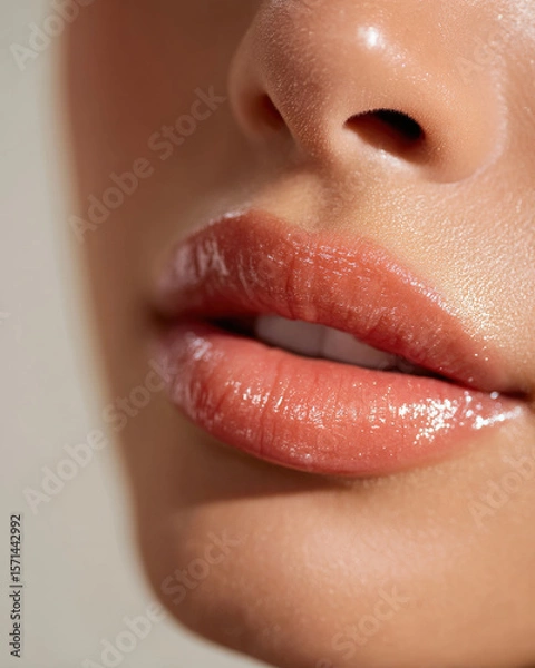 Fototapeta Close up of luscious lips featuring peachy natural tone, showcasing clean skin and glowing finish. shiny lip gloss enhances overall radiant appearance, creating fresh and vibrant look