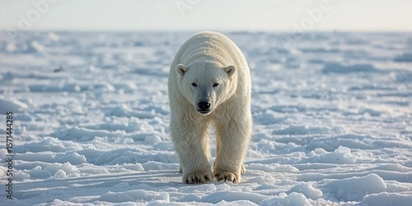Fototapeta A polar bear walks on the ice in the arctic looking directly at the camera in the bright sunlight