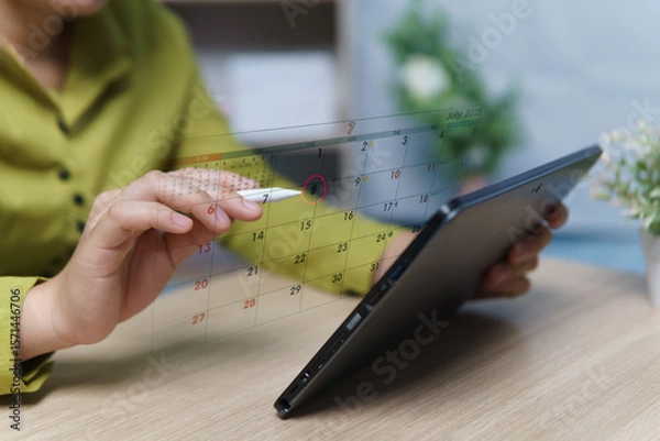 Fototapeta Online calendar concept, business contact, can control and manage time and events in advance, clearly define business direction and goals, strategy for contacting negotiating with business partners.