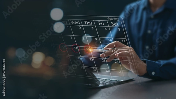 Fototapeta Online calendar concept, business contact, can control and manage time and events in advance, clearly define business direction and goals, strategy for contacting negotiating with business partners.