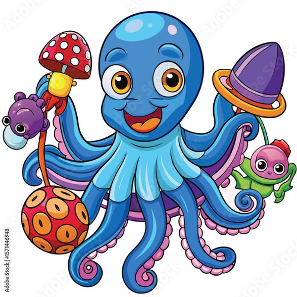 Obraz Friendly octopus waving and holding toys in a playful pose