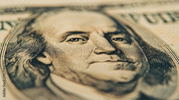 Fototapeta Macro view of the textured surface of a US dollar bill, intricate details, security features