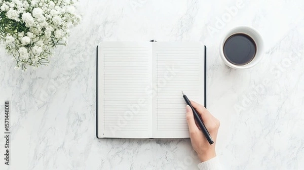 Fototapeta Overhead shot of a budget planner open to a monthly expense tracking page, organized finance