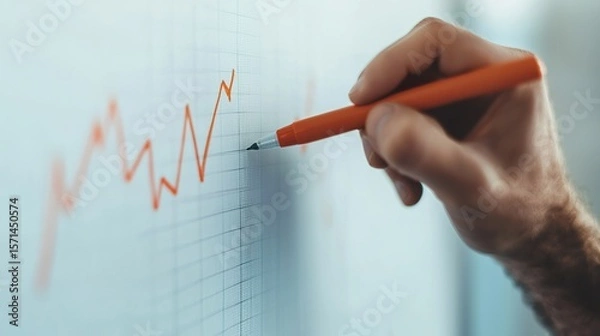 Fototapeta Overhead shot of a financial chart being drawn on a whiteboard, marker in hand, dynamic planning