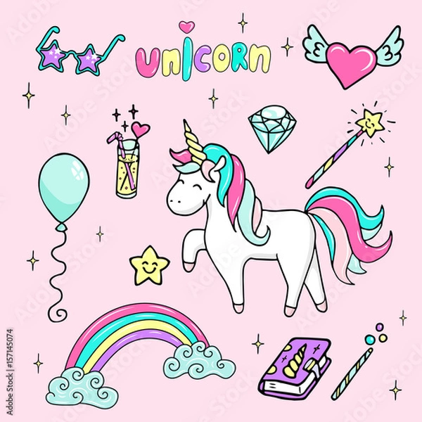 Obraz Set of hand drawn illustration of a magic unicorn, wand, star-sunglasses, diamond, magic book and other magic attributes