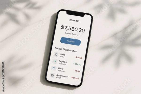 Fototapeta Smartphone showing banking app with high balance and recent transactions
