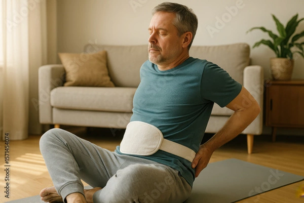 Fototapeta Senior man using heating pad for back pain relief at home