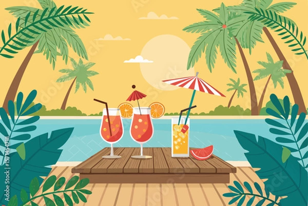 Obraz Vector poolside scene featuring colorful tropical cocktails on a pristine white table under palm trees.