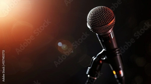 Fototapeta microphone in concert hall, karaoke or jazz club Close up . banner with vintage microphone with copy space. Old mic on dark background with lighting bokeh. Public performance. Microphone on stage
