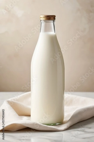 Fototapeta Glass bottle filled with fresh milk on a light beige linen napkin, placed on white marble table with beige marble background. Minimal dairy concept with copy space. Perfect for ads, packaging, blogs.