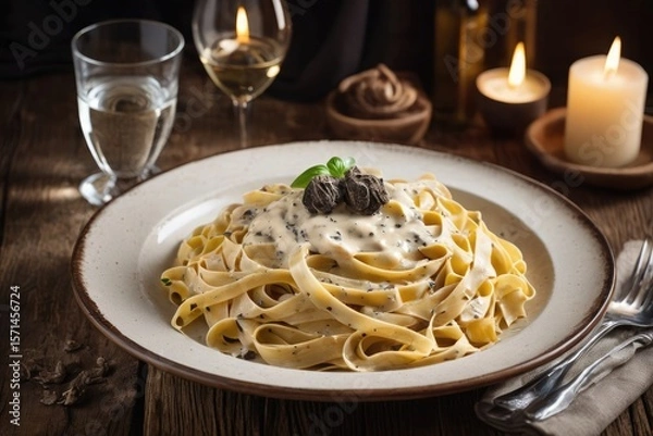 Fototapeta Gourmet Italian tagliatelle pasta in truffle cream sauce served on a white ceramic plate over a rustic wooden table in a restaurant setting —  Perfect for menus, restaurant, cafe, ads, blogs, poster