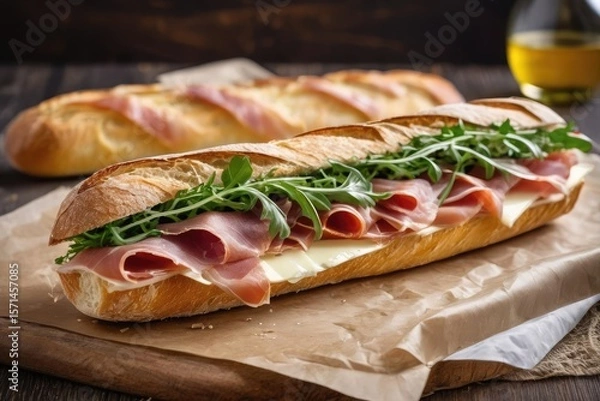 Fototapeta Gourmet French baguette sandwich with prosciutto, Brie cheese, and arugula, drizzled with olive oil, served on parchment paper with crumbs on rustic wooden board – ideal for food styling, cafe menu