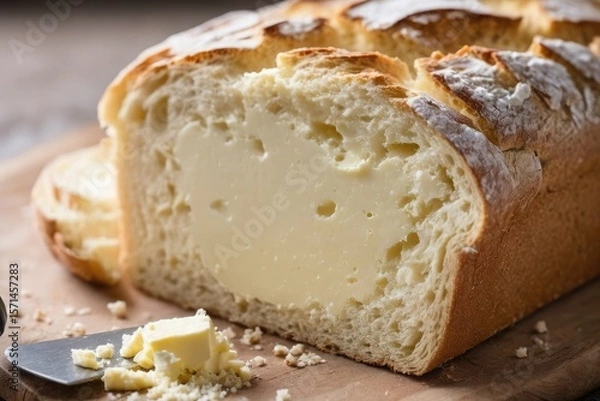 Fototapeta Close-up of fresh bread with creamy butter spread on top, visible texture and crumbs on wooden board – ideal for bakery, breakfast, rustic food styling, advertising, and butter product packaging. 