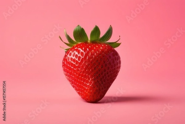 Fototapeta Single ripe strawberry centered on pastel pink background with copy space. Minimalist fresh fruit concept, perfect for ads, packaging, wellness or summer themes, food ads, banner, poster, websites