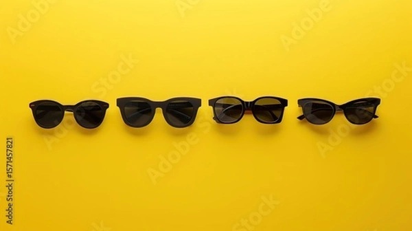 Fototapeta many sunglasses and eyeglasses moving on yellow background with copy space. vocation or optic store concept. mockup.