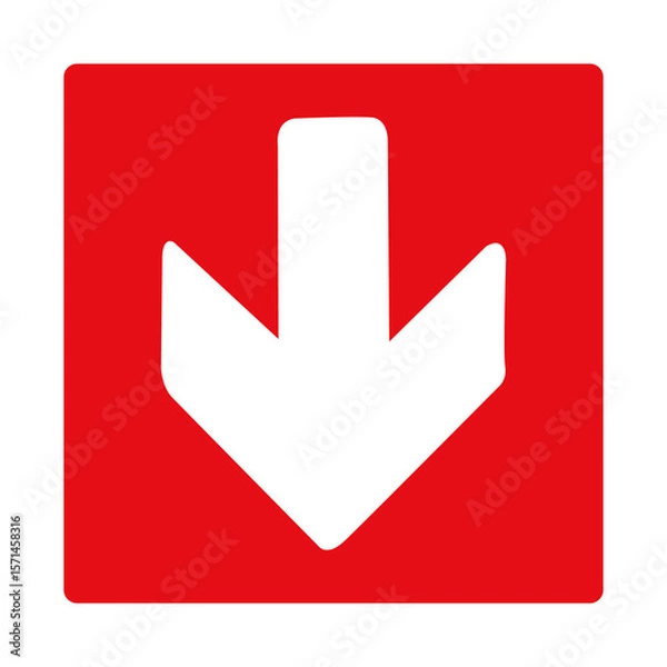 Fototapeta Down arrow. Red fire sign. Arrow pointing down. Direction of movement to the exit or shelter in case of fire or smoke. Movement down to a safe area. Fire exit.