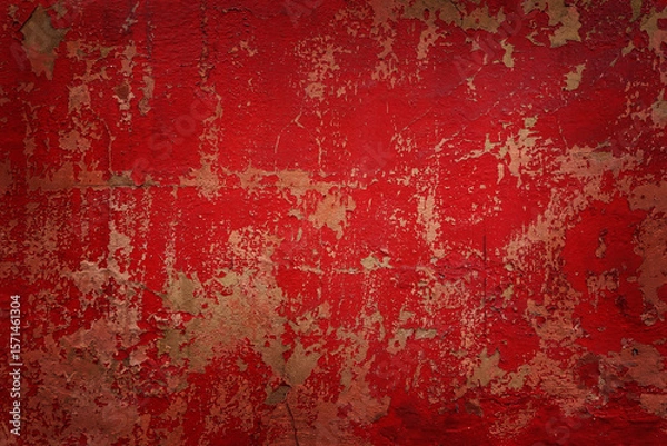 Obraz Red textured vintage background with an image of an old, dilapidated concrete wall, painted with paint cracked over time. The surface has cracks from deterioration and age. 