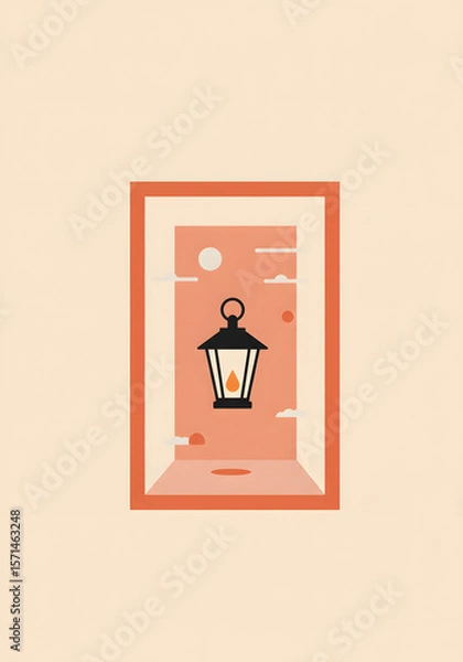 Fototapeta Minimalist flat illustration of a lantern hanging in a window frame, surrounded by soft clouds and abstract shapes, creating a warm and inviting atmosphere for design purposes