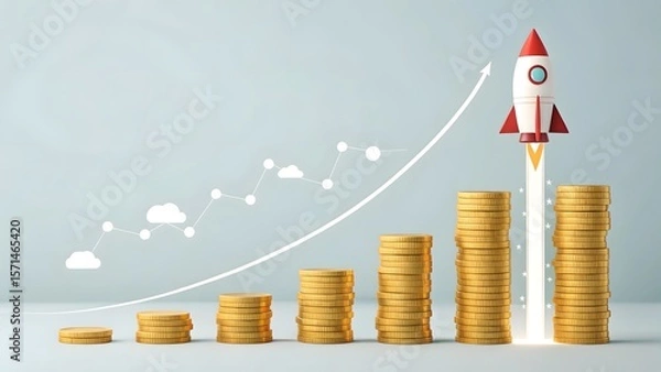 Fototapeta Rocket Launching Above Stacked Coins with Growth Chart on Gray Background