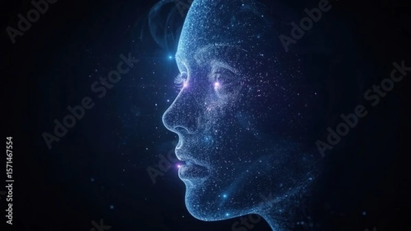 Fototapeta Profile view of a digital woman with blue particles and glowing eyes on a dark background