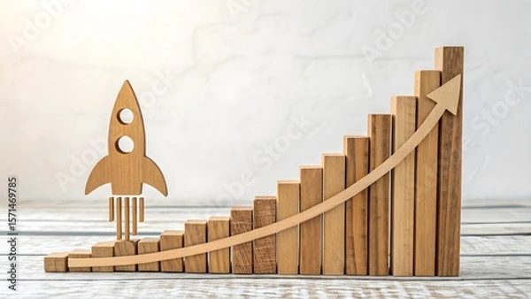 Fototapeta Growth Concept with Wooden Rocket and Rising Bar Chart Elements