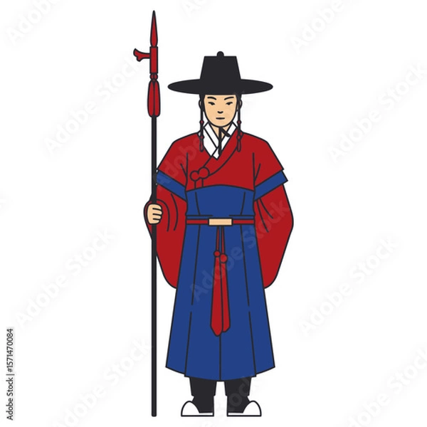 Fototapeta Flat vector of Korean palace guard in red and blue hanbok, black hat, holding spear. Bold cartoon style, thick outlines, no background. Cultural heritage icon, perfect for educational or historic use.