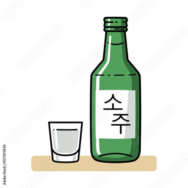 Fototapeta Flat vector of Korean soju bottle with “소주” Hangul label and shot glass on beige table, bold black outlines, minimal solid colors, clean white background, perfect for Korean culture or drinking theme.