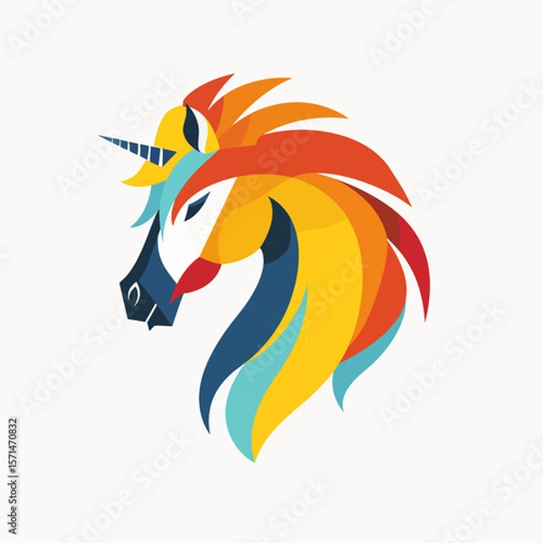 Fototapeta An equine unicorn figure with vibrant and geometric shapes, a stylized representation of fantasy and design. This colorful animal combines the real and the imaginary.