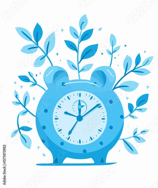 Fototapeta An illustration of a blue alarm clock adorned with leaves, symbolizing the connection between time and nature, and evoking themes of growth, deadlines and life cycles.