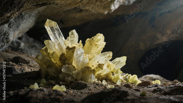 Fototapeta A cluster of translucent yellow crystals growing amidst rocky terrain inside a dimly lit cave.