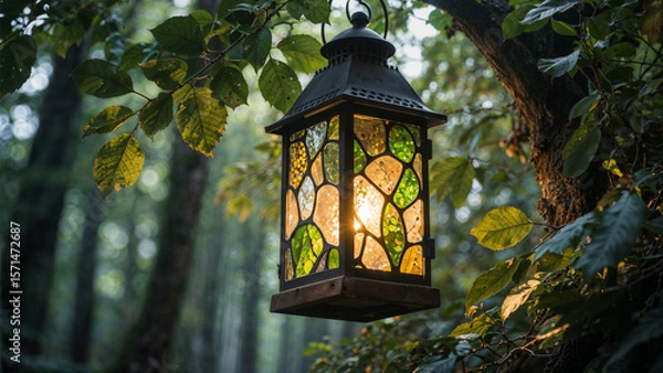 Fototapeta A decorative lantern with stained glass hangs from a tree branch, illuminating a serene forest scene at dusk.