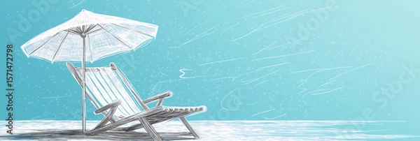Fototapeta beach chair with an umbrella outline illustration style background for summer