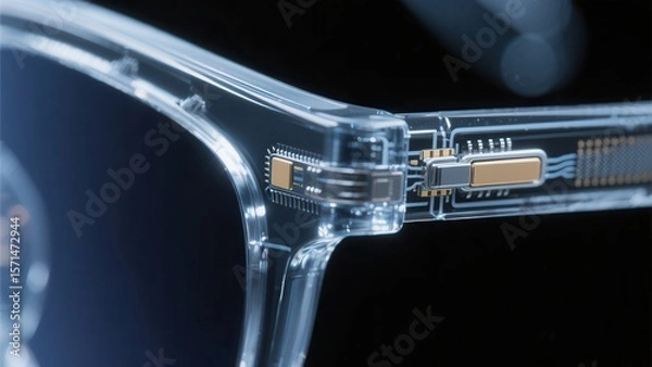 Fototapeta Close-up of transparent smart glasses showcasing intricate electronic circuits embedded in the frame.