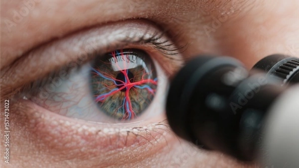 Fototapeta Close-up of a human eye with blood vessels digitally highlighted, viewed through a medical device for detailed examination.