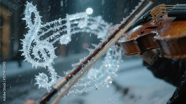 Fototapeta A violinist plays in the snow, with musical notes and a treble clef sparkling in the air, creating a magical winter music scene.