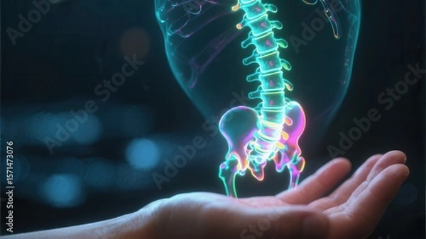 Fototapeta A glowing 3D digital hologram of a human spine and pelvis floats above an outstretched hand in a dark, blurred environment.
