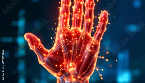 Fototapeta A glowing digital hand with interconnected nodes and lines, symbolizing technology, connectivity, and data networks.