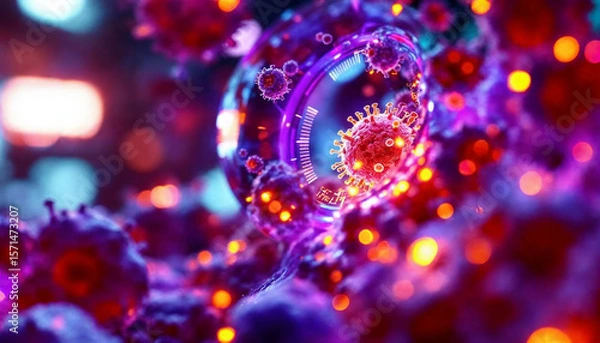 Fototapeta A vibrant, microscopic view of viruses with detailed structures in a glowing, colorful environment.