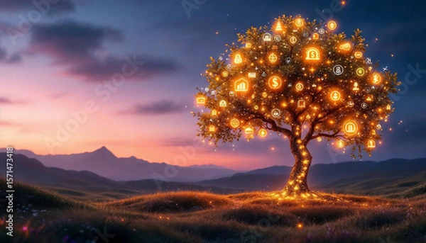 Fototapeta A glowing tree at sunset with digital icons representing finance, technology, and connectivity lighting up its branches in a scenic landscape.