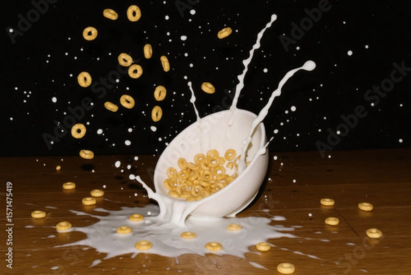 Fototapeta Dynamic scene of cereal spilling from tipped bowl into milk splash on wooden surface, dark background creating vibrant contrast and lively energy in breakfast setting