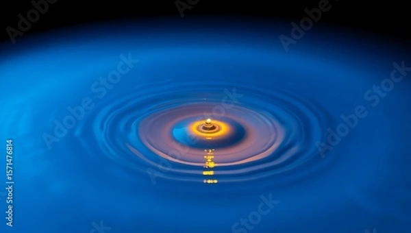 Fototapeta A single water droplet creating concentric ripples in a pool of blue and orange liquid surface