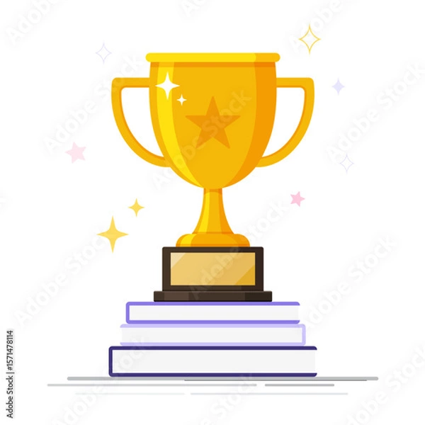 Obraz Golden trophy cup on a pile of books. Winner award. Victory symbol. Winner concept. Flat vector illustration. Winning learning or competition concept.
