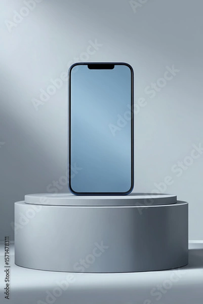 Fototapeta Modern smartphone on sleek cylindrical pedestal with blurred minimal background, high tech, gadget, mobile device, sleek design, digital, touchscreen, portable, innovation, communication