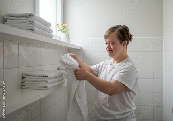 Fototapeta Young woman with down syndrome folding and organizing white towels in bright bathroom, showcasing independence and routine, natural light highlights her focused expressions in serene space