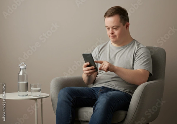 Fototapeta Young man with down syndrome using smartphone in modern living room, engaging with device, showcasing independence, connectivity, and daily routine, minimalistic background emphasizes focus