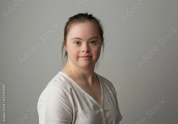 Fototapeta Young woman with down syndrome looking confidently at camera, natural expression, soft lighting, emphasizing beauty, strength, and authenticity in a neutral background