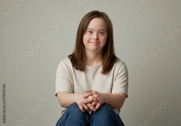 Fototapeta Young woman with down syndrome seated in relaxed pose against neutral background, engaging smile, warm expression, emphasizing positivity, diversity, and genuine character, soft lighting