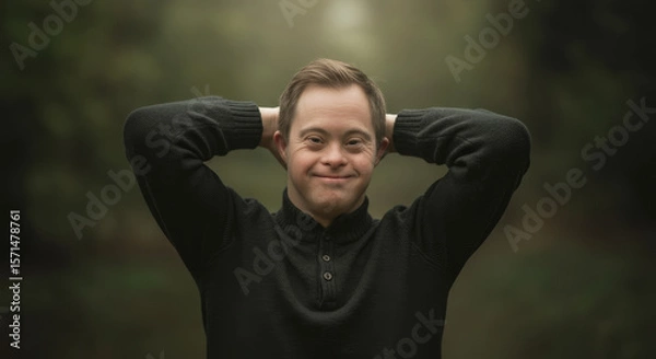 Fototapeta Young man with down syndrome smiling outdoors in nature, relaxed pose, arms behind head, emphasizing positivity, confidence, and natural beauty in a calm, green setting