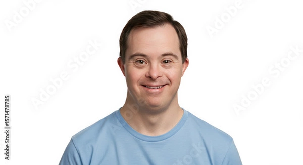 Fototapeta Happy young man with down syndrome smiling confidently against pure white background, joyful expression, showcasing positivity, self-acceptance, and authenticity, close-up portrait